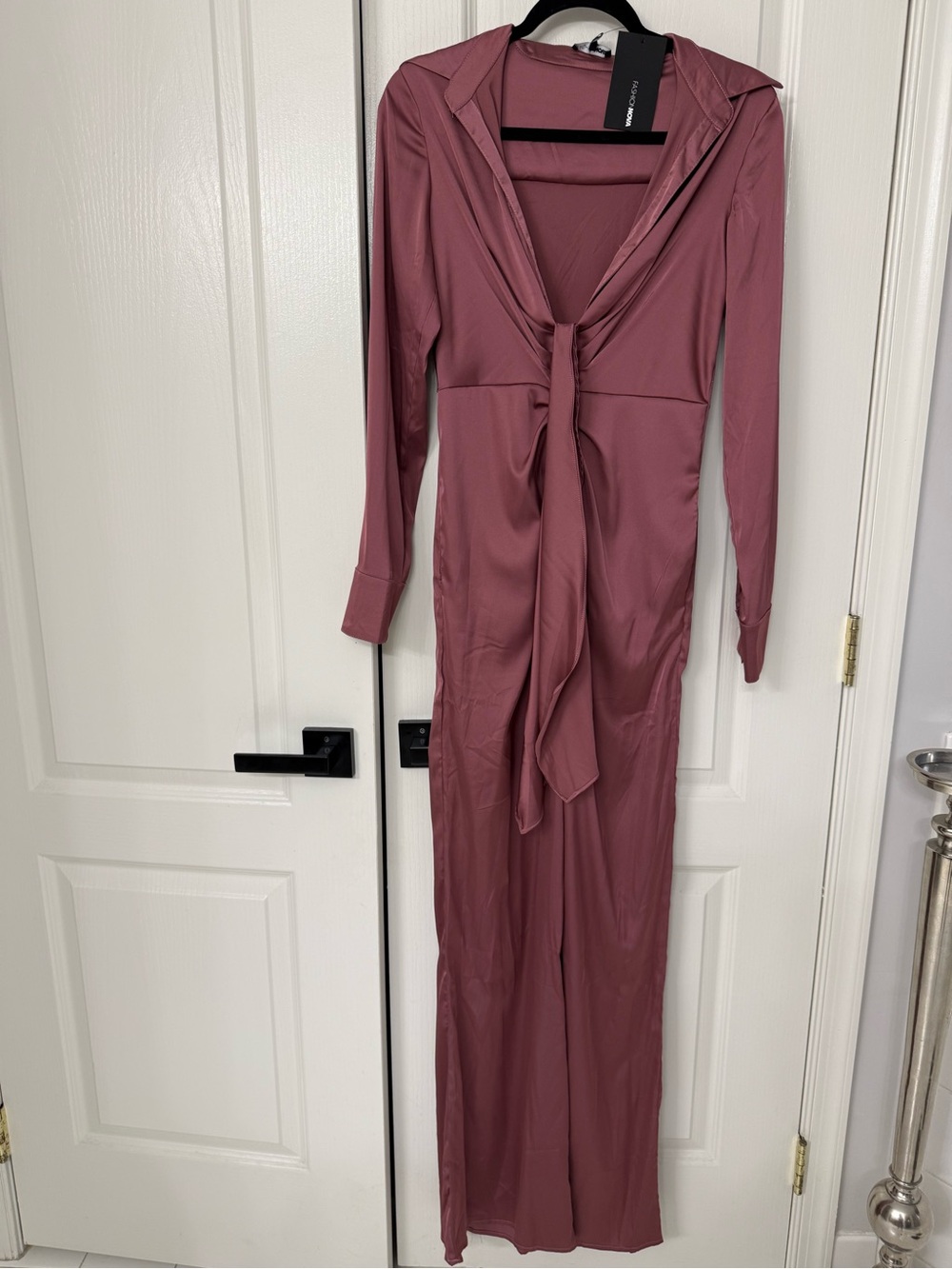 Long Sleeve Tie-Front Maxi Dress in Mauve